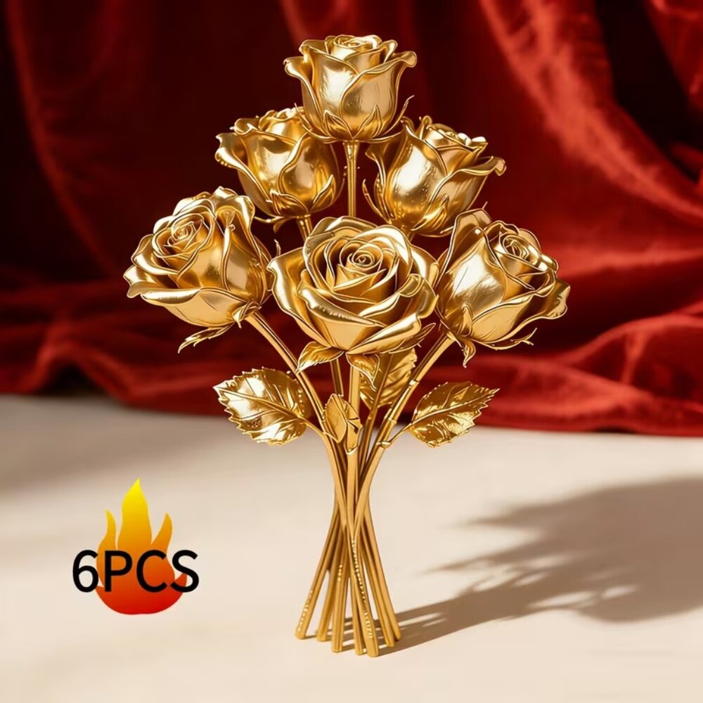 6 Artificial Golden Roses, Realistic Faux Floral Arrangement - NEW 10 L x 3.3 W